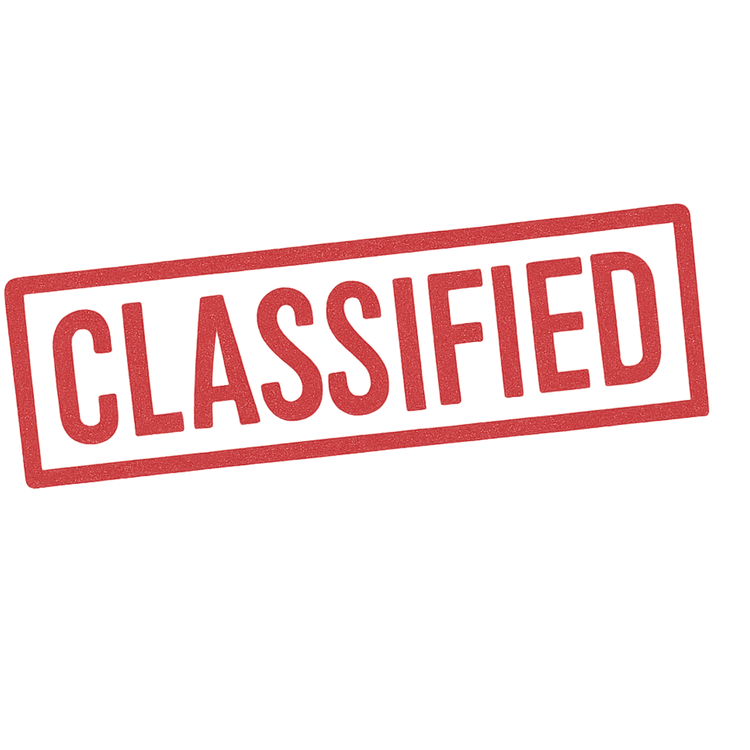 Red CLASSIFIED stamp graphic in bold letters, distressed and tilted, on a black background.”