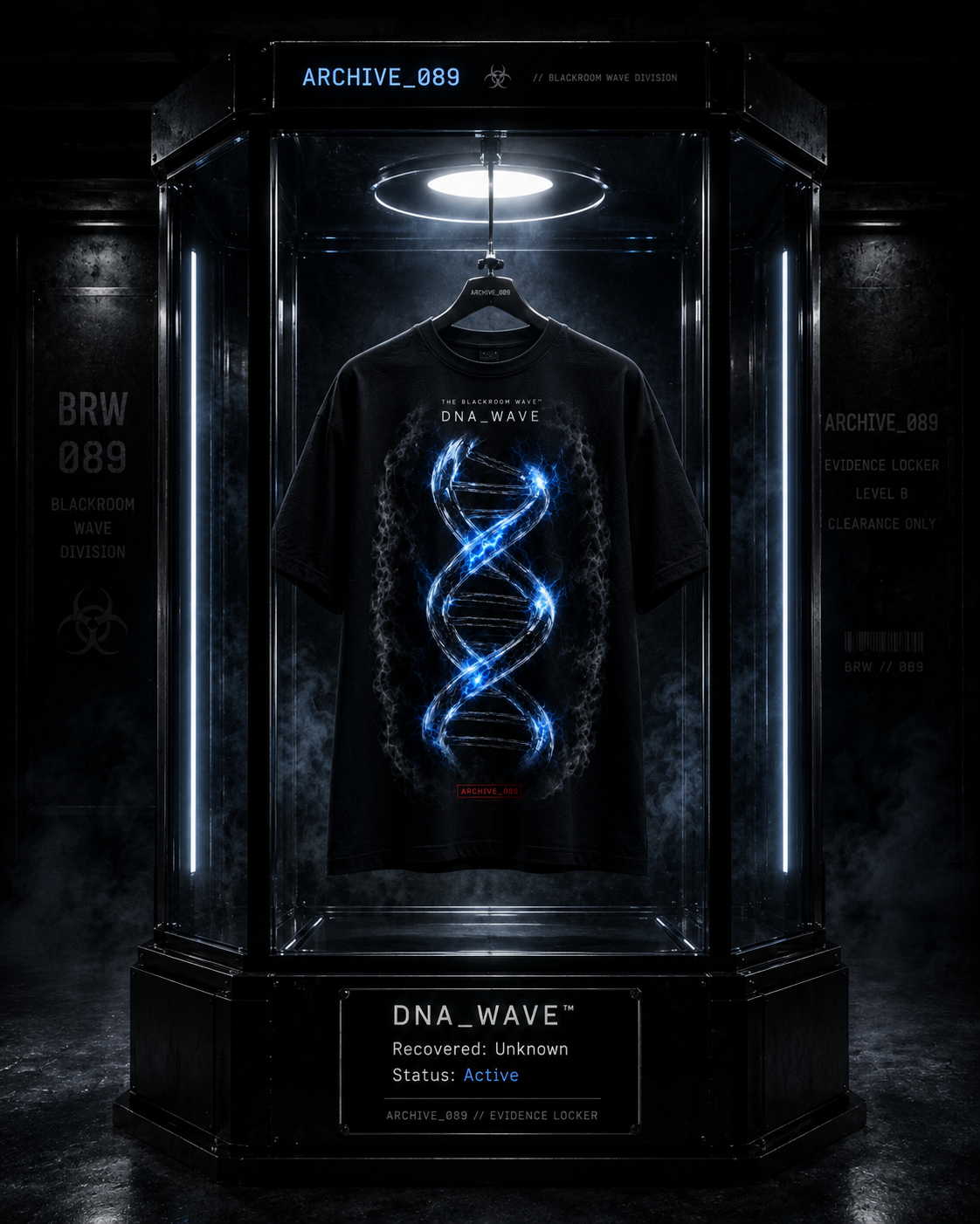 DNA_WAVE Archive 089 Recovery Edition displayed in classified containment chamber